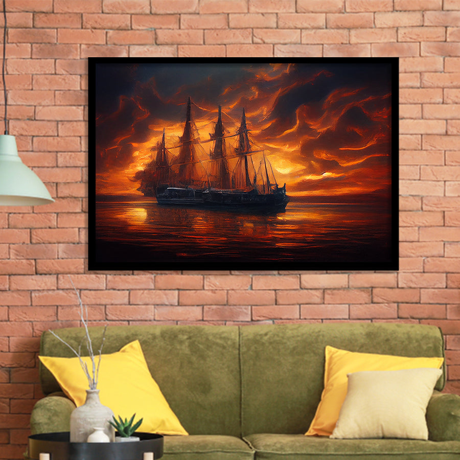 Pirate Ghost Ship In Sunset Oil Painting V3, Framed Art Prints Wall Art Decor, Framed Picture