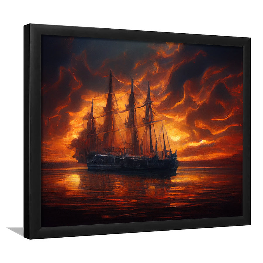 Pirate Ghost Ship In Sunset Oil Painting V3, Framed Art Prints Wall Art Decor, Framed Picture