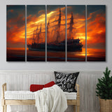 Pirate Ghost Ship In Sunset Oil Painting V4, 5 Piece Canvas Prints Wall Art Decor, Multi Panels