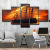 Pirate Ghost Ship In Sunset Oil Painting V4, 5 Piece Canvas Prints Wall Art Decor, Multi Panels,Mixed Canvas