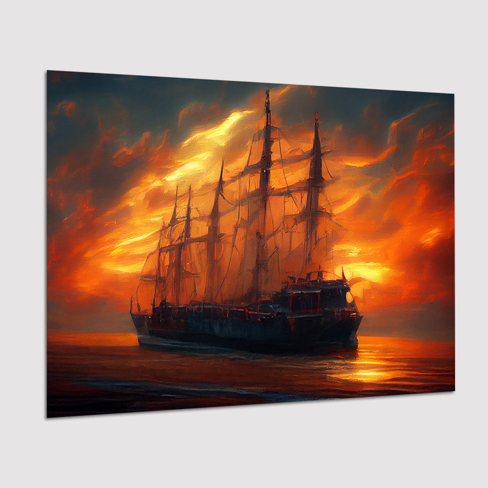 Pirate Ghost Ship In Sunset Oil Painting V4, Poster Art, Poster Print Wall Art Decor