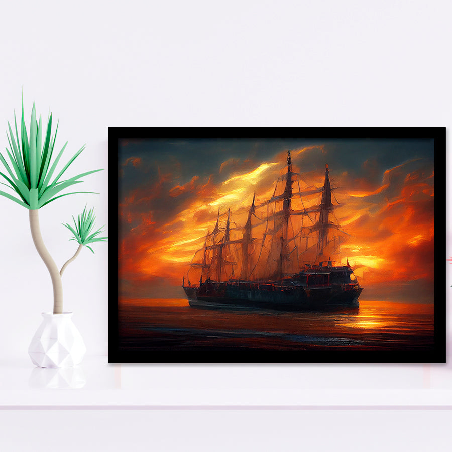 Pirate Ghost Ship In Sunset Oil Painting V4, Framed Art Prints Wall Art Decor, Framed Picture