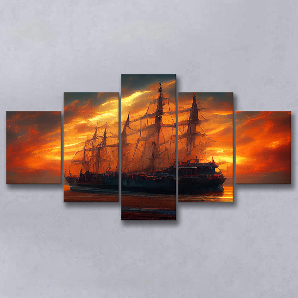 Pirate Ghost Ship In Sunset Oil Painting V4, 5 Piece Canvas Prints Wall Art Decor, Multi Panels,Mixed Canvas