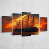 Pirate Ghost Ship In Sunset Oil Painting V4, 5 Piece Canvas Prints Wall Art Decor, Multi Panels,Mixed Canvas
