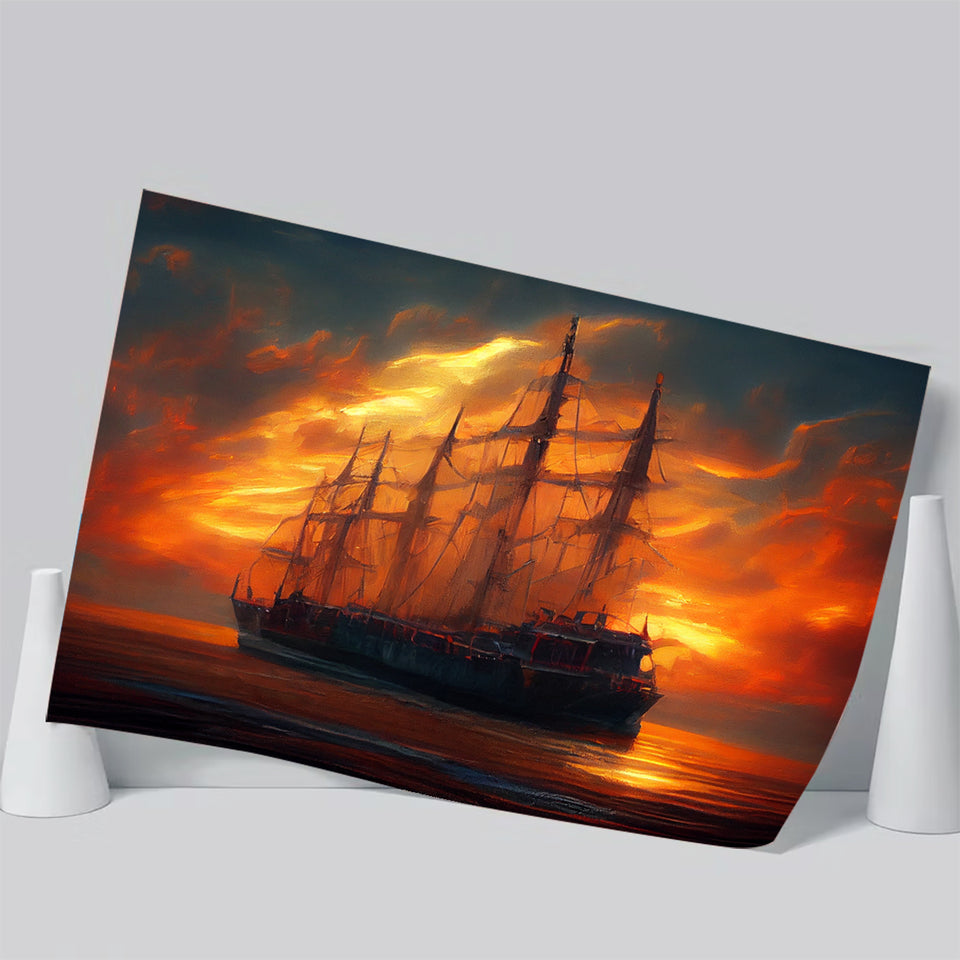Pirate Ghost Ship In Sunset Oil Painting V4, Poster Art, Poster Print Wall Art Decor