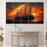Pirate Ghost Ship In Sunset Oil Painting V4, 5 Piece Canvas Prints Wall Art Decor, Multi Panels