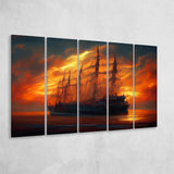 Pirate Ghost Ship In Sunset Oil Painting V4, 5 Piece Canvas Prints Wall Art Decor, Multi Panels