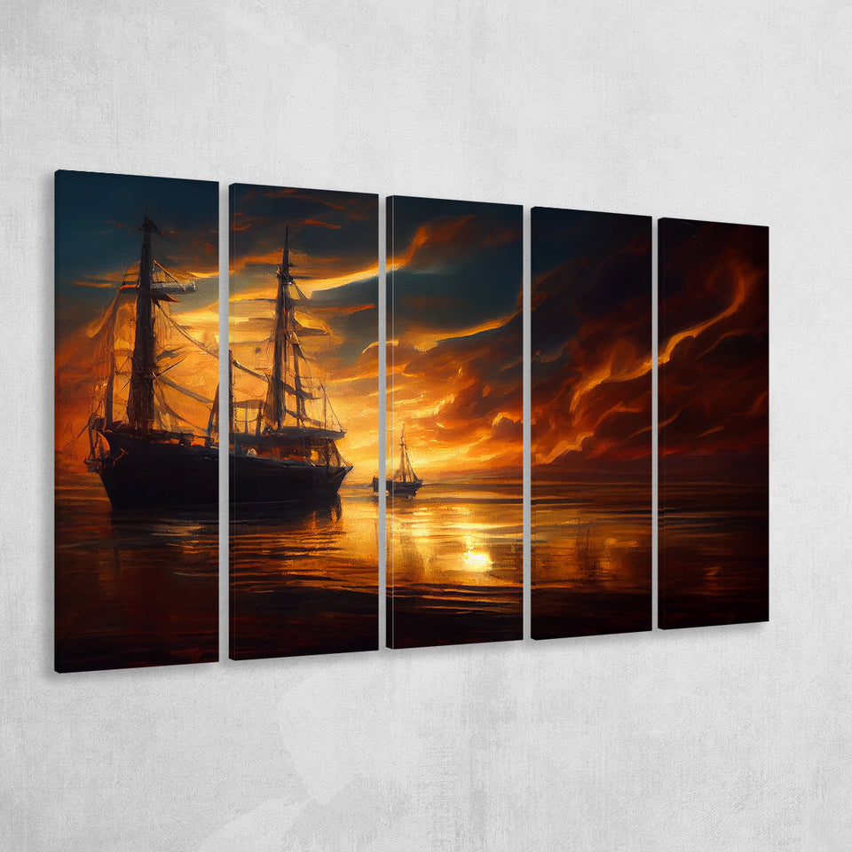 Pirate Ghost Ship In Sunset Oil Painting, 5 Piece Canvas Prints Wall Art Decor, Multi Panels