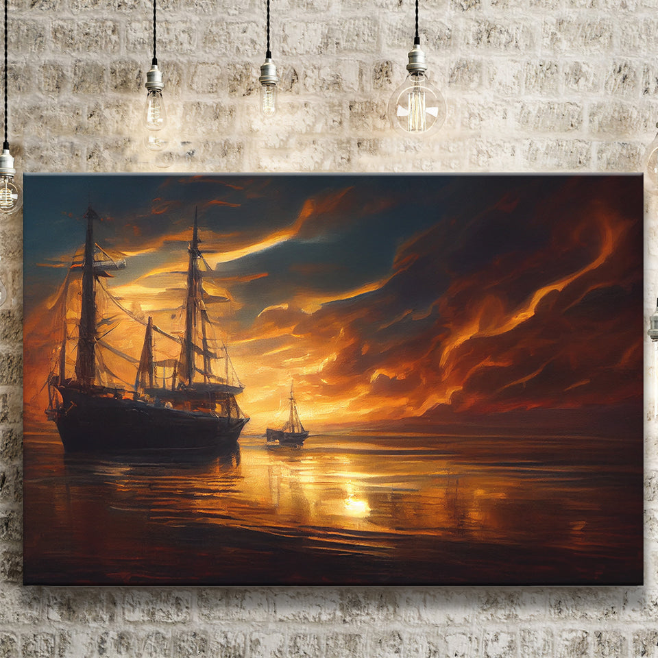 Pirate Ghost Ship In Sunset Oil Painting, Canvas Prints Wall Art Decor - Painting Canvas,Art Prints