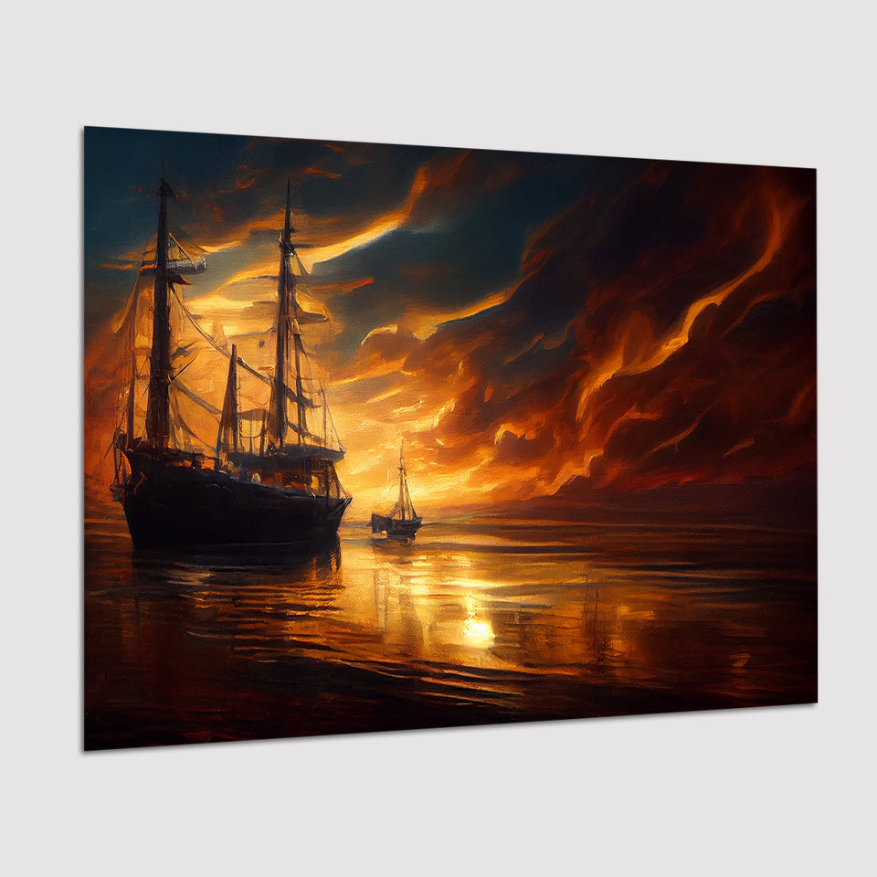 Pirate Ghost Ship In Sunset Oil Painting, Poster Art, Poster Print Wall Art Decor