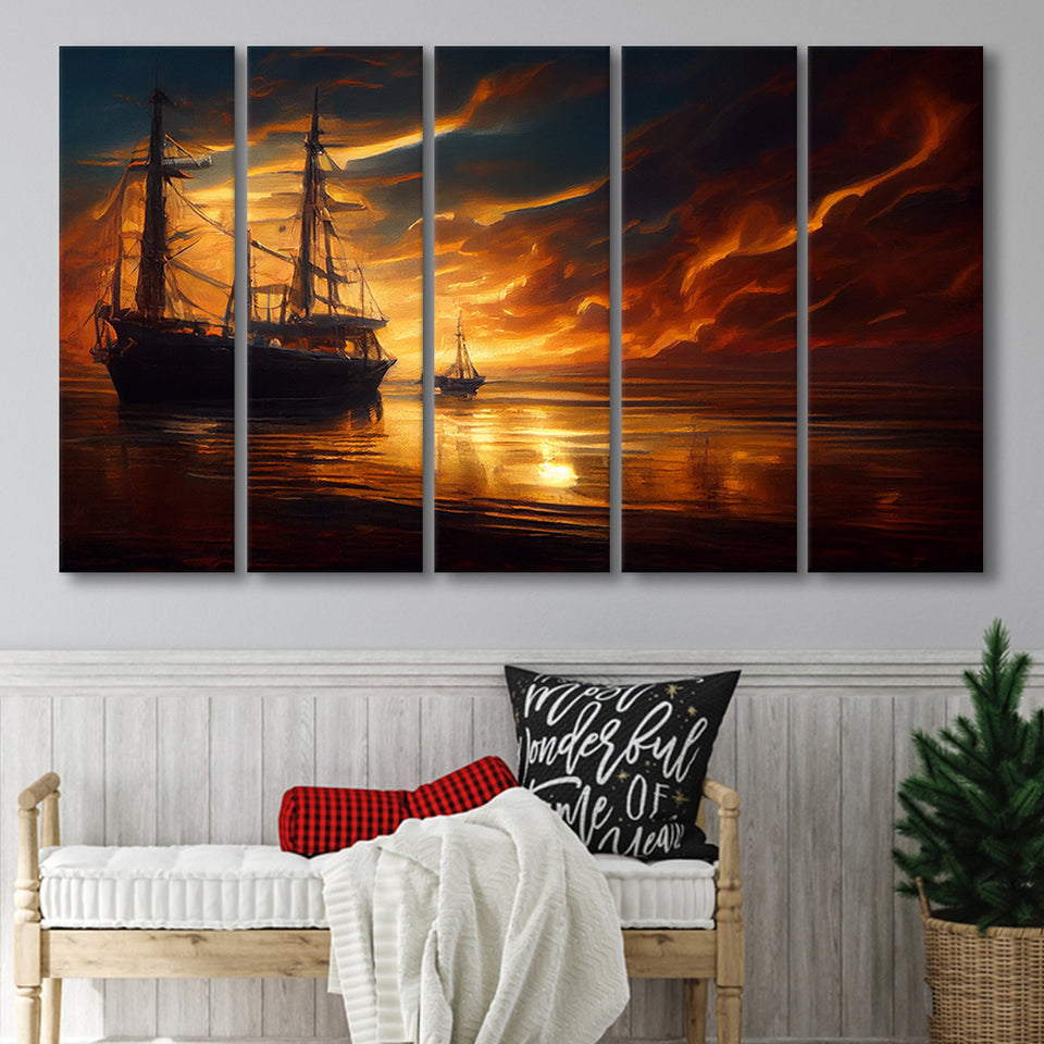 Pirate Ghost Ship In Sunset Oil Painting, 5 Piece Canvas Prints Wall Art Decor, Multi Panels