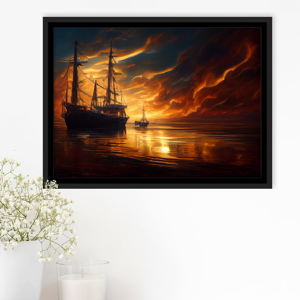 Pirate Ghost Ship In Sunset Oil Painting, Framed Canvas Prints Wall Art Decor, Framed Picture