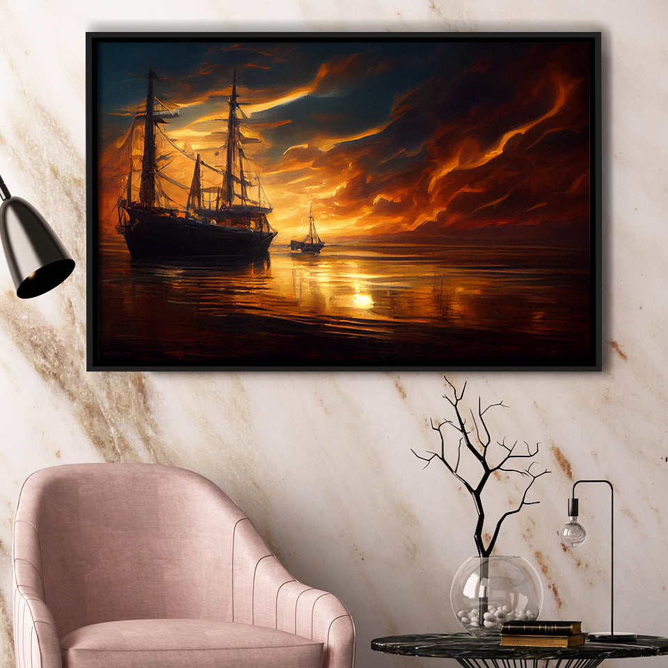 Pirate Ghost Ship In Sunset Oil Painting, Framed Canvas Prints Wall Art Decor, Framed Picture