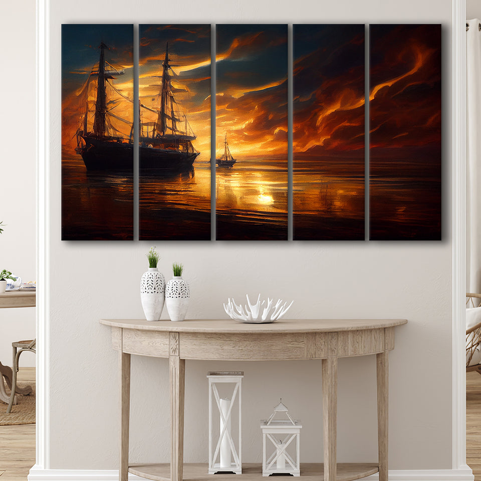 Pirate Ghost Ship In Sunset Oil Painting, 5 Piece Canvas Prints Wall Art Decor, Multi Panels