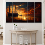 Pirate Ghost Ship In Sunset Oil Painting, 5 Piece Canvas Prints Wall Art Decor, Multi Panels