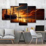 Pirate Ghost Ship In Sunset Oil Painting, 5 Piece Canvas Prints Wall Art Decor, Multi Panels,Mixed Canvas