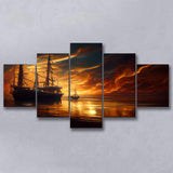 Pirate Ghost Ship In Sunset Oil Painting, 5 Piece Canvas Prints Wall Art Decor, Multi Panels,Mixed Canvas
