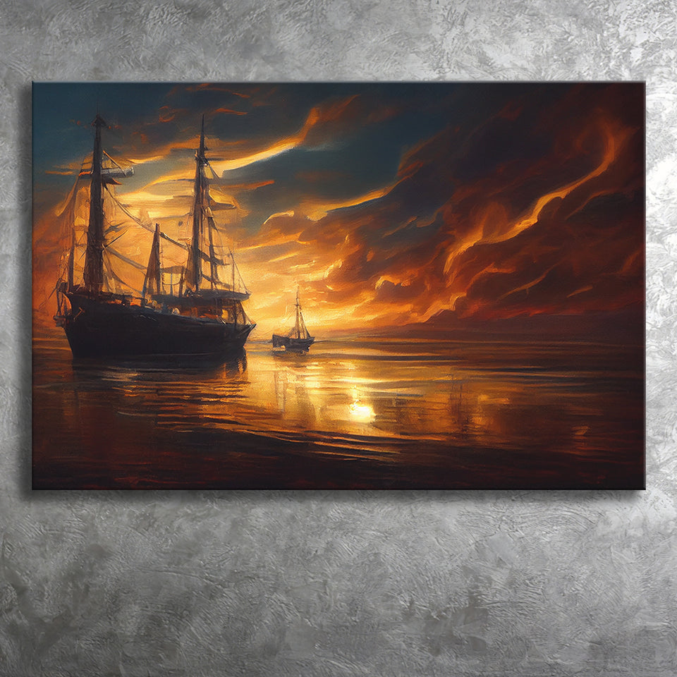 Pirate Ghost Ship In Sunset Oil Painting, Canvas Prints Wall Art Decor - Painting Canvas,Art Prints