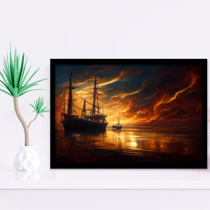 Pirate Ghost Ship In Sunset Oil Painting, Framed Art Prints Wall Art Decor, Framed Picture