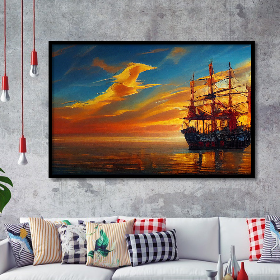 Pirate Ship In Sunset Oil Painting V5, Framed Art Prints Wall Art Decor, Framed Picture
