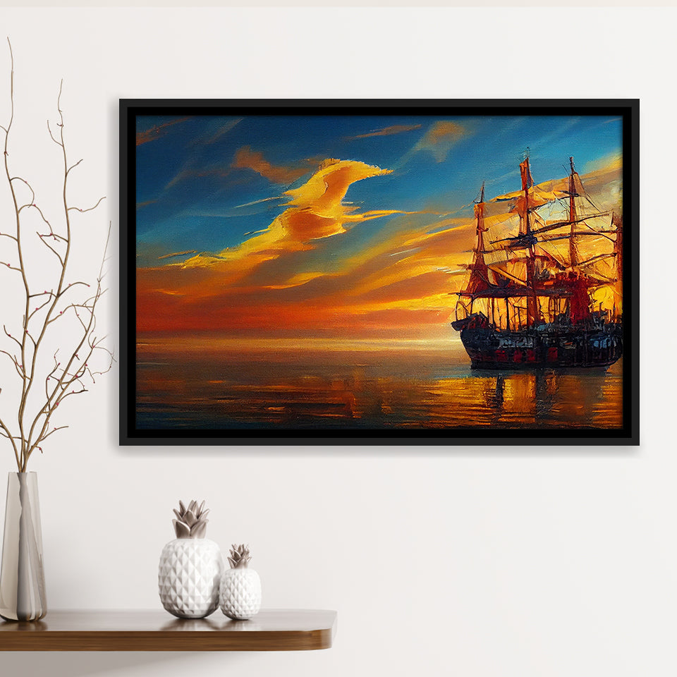 Pirate Ship In Sunset Oil Painting V5, Framed Canvas Prints Wall Art Decor, Framed Picture