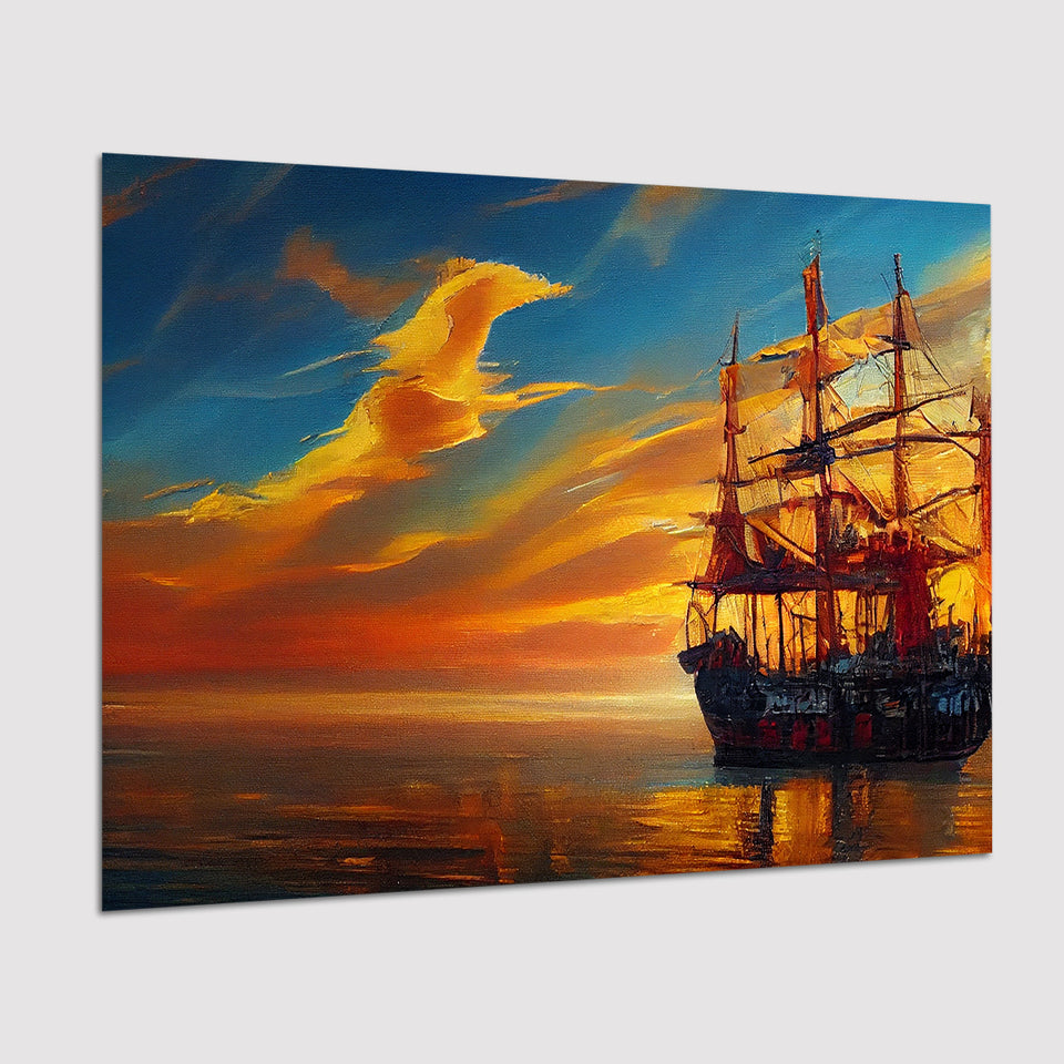 Pirate Ship In Sunset Oil Painting V5, Poster Art, Poster Print Wall Art Decor