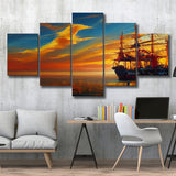 Pirate Ship In Sunset Oil Painting V5, 5 Piece Canvas Prints Wall Art Decor, Multi Panels,Mixed Canvas