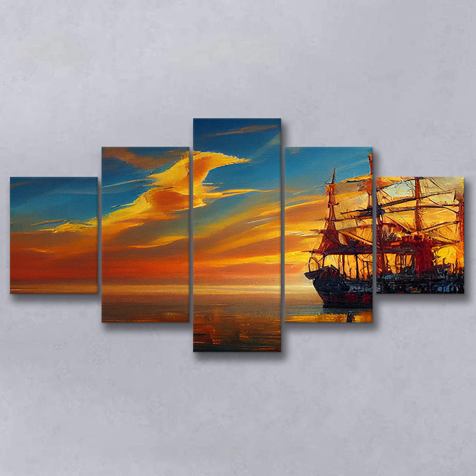 Pirate Ship In Sunset Oil Painting V5, 5 Piece Canvas Prints Wall Art Decor, Multi Panels,Mixed Canvas
