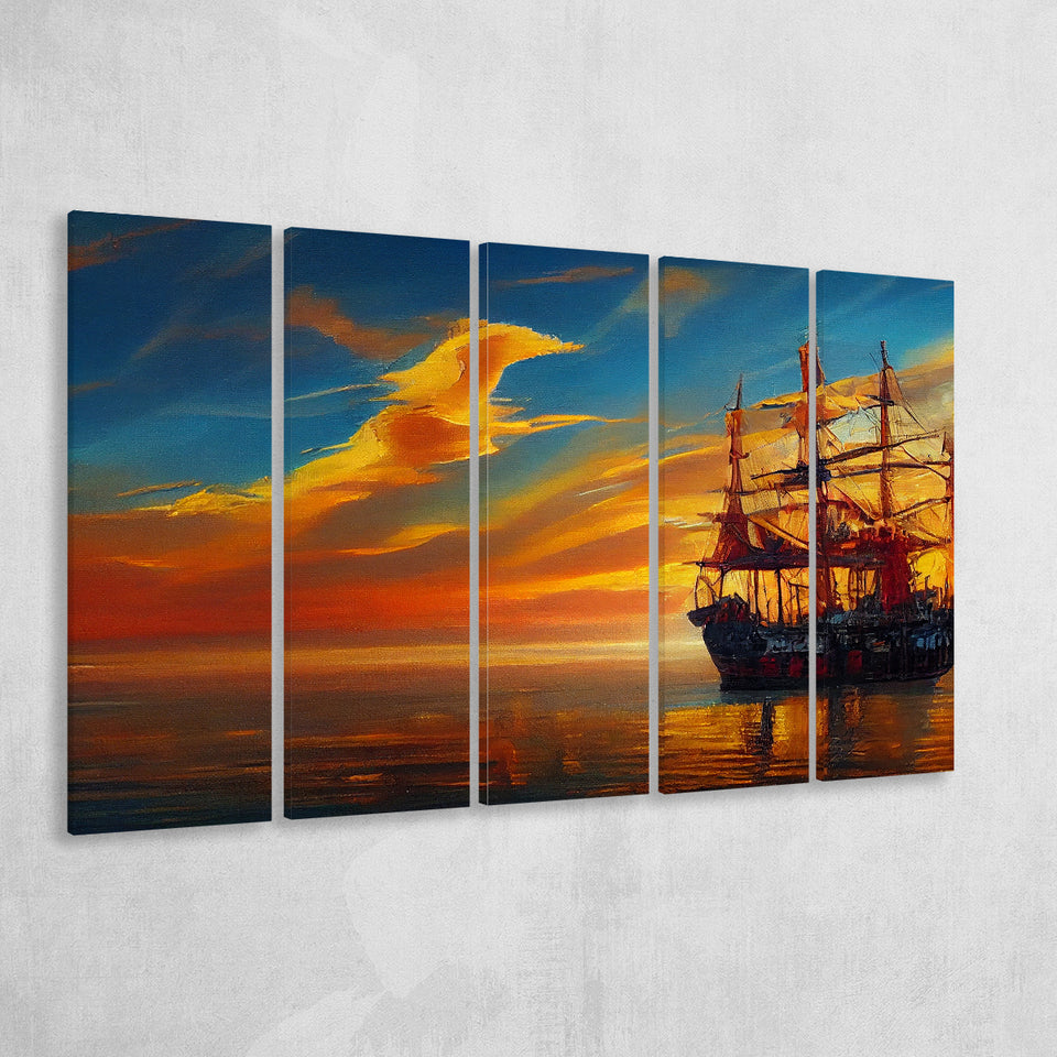 Pirate Ship In Sunset Oil Painting V5, 5 Piece Canvas Prints Wall Art Decor, Multi Panels
