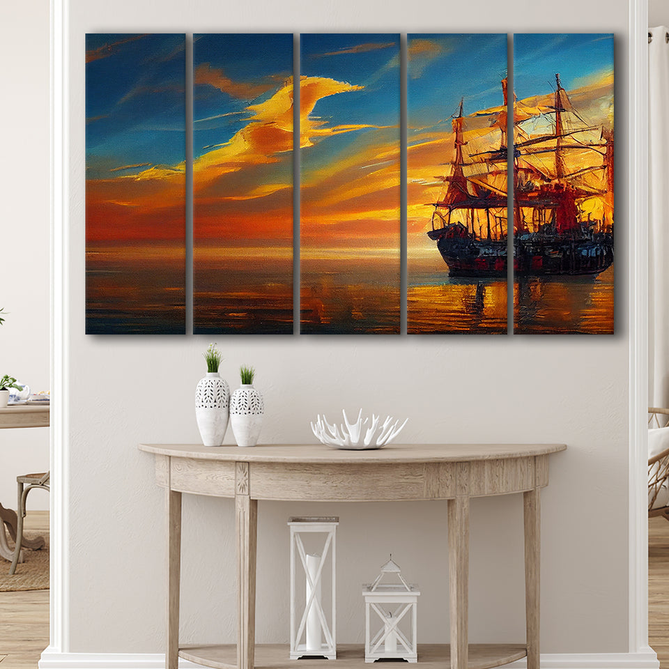 Pirate Ship In Sunset Oil Painting V5, 5 Piece Canvas Prints Wall Art Decor, Multi Panels