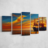 Pirate Ship In Sunset Oil Painting V5, 5 Piece Canvas Prints Wall Art Decor, Multi Panels,Mixed Canvas