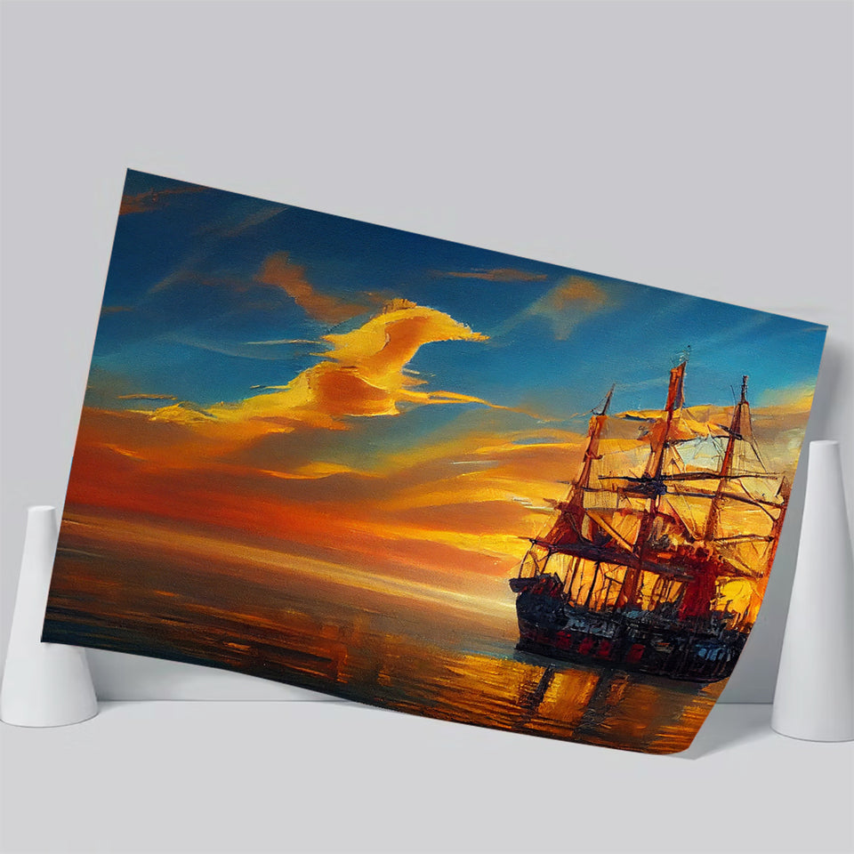 Pirate Ship In Sunset Oil Painting V5, Poster Art, Poster Print Wall Art Decor