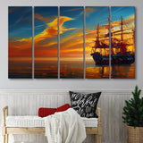 Pirate Ship In Sunset Oil Painting V5, 5 Piece Canvas Prints Wall Art Decor, Multi Panels