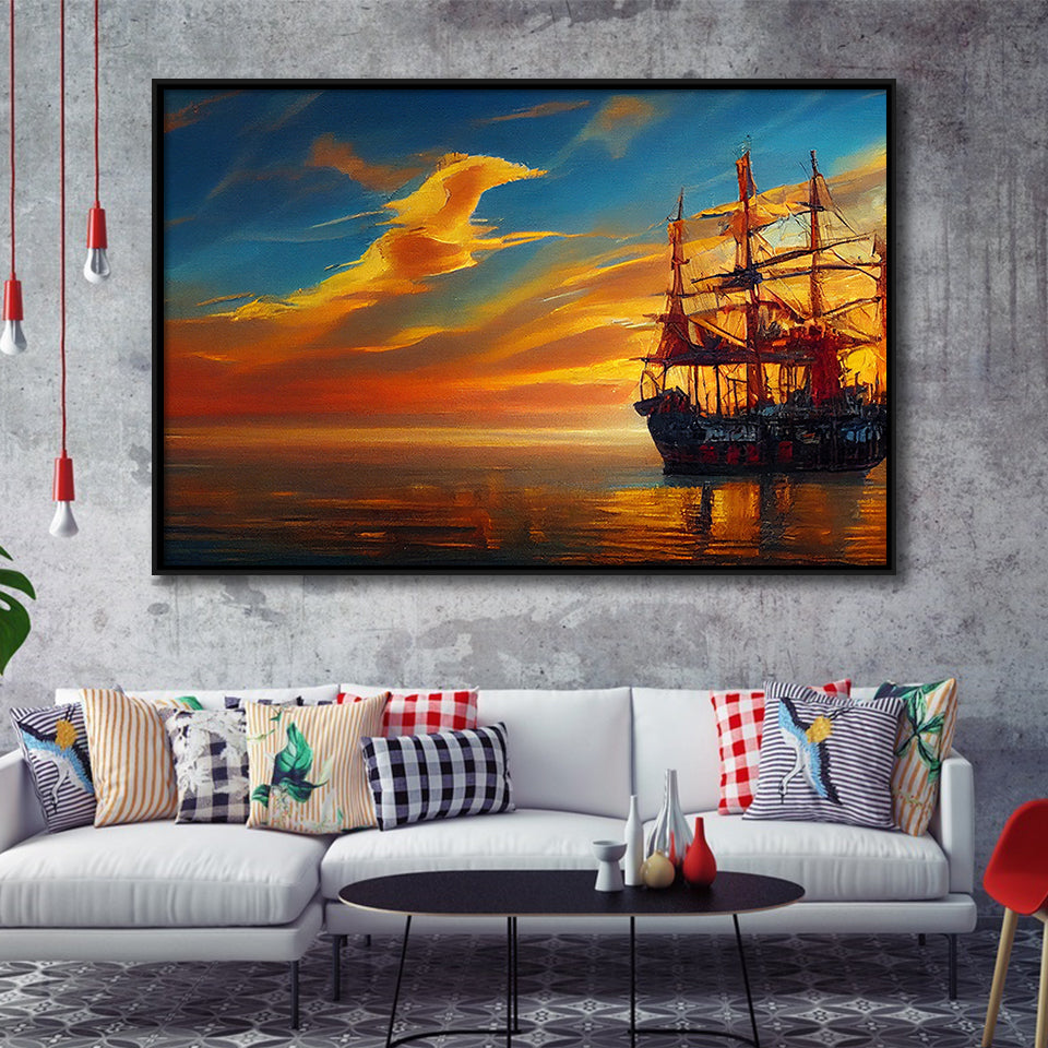 Pirate Ship In Sunset Oil Painting V5, Framed Canvas Prints Wall Art Decor, Framed Picture