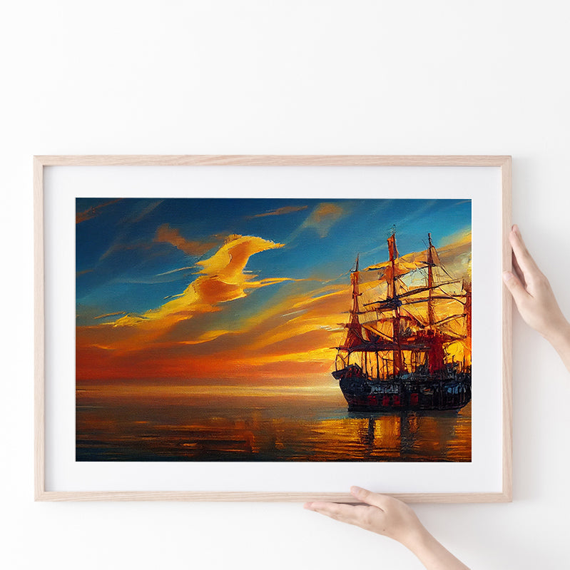 Pirate Ship In Sunset Oil Painting V5, Poster Art, Poster Print Wall Art Decor