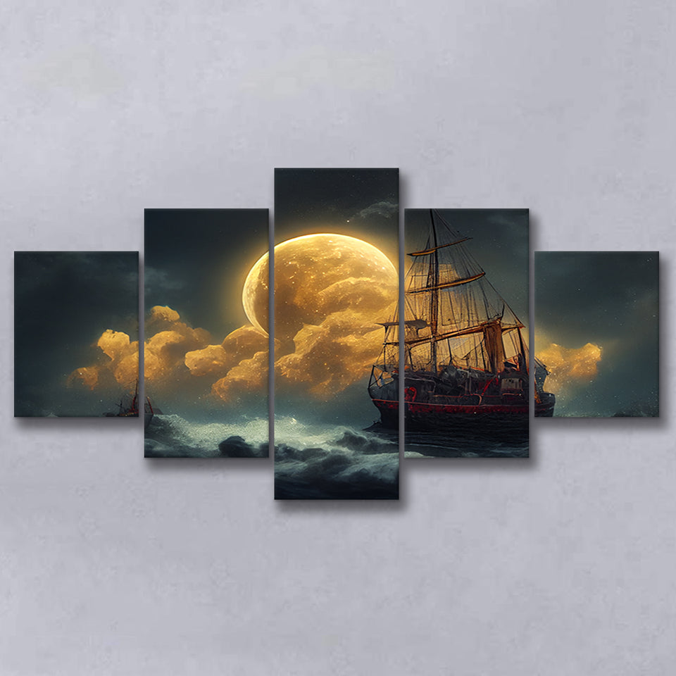 Pirate Ship Sailing On The Sea Night Light Moon, 5 Piece Canvas Prints Wall Art Decor, Multi Panels,Mixed Canvas