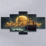 Pirate Ship Sailing On The Sea Night Light Moon, 5 Piece Canvas Prints Wall Art Decor, Multi Panels,Mixed Canvas