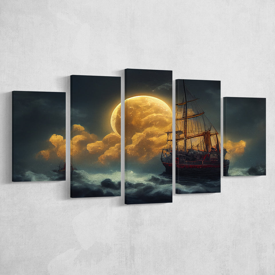 Pirate Ship Sailing On The Sea Night Light Moon, 5 Piece Canvas Prints Wall Art Decor, Multi Panels,Mixed Canvas