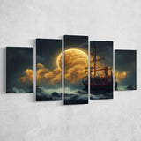 Pirate Ship Sailing On The Sea Night Light Moon, 5 Piece Canvas Prints Wall Art Decor, Multi Panels,Mixed Canvas