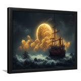 Pirate Ship Sailing On The Sea Night Light Moon, Framed Art Prints Wall Art Decor, Framed Picture