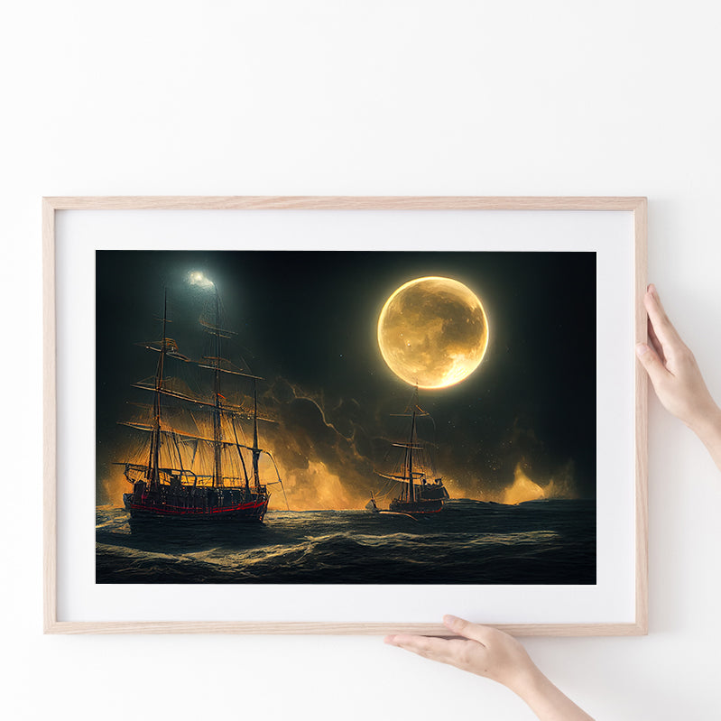Pirate Ship Sailing On The Sea Night Light Moon V2, Poster Art, Poster Print Wall Art Decor