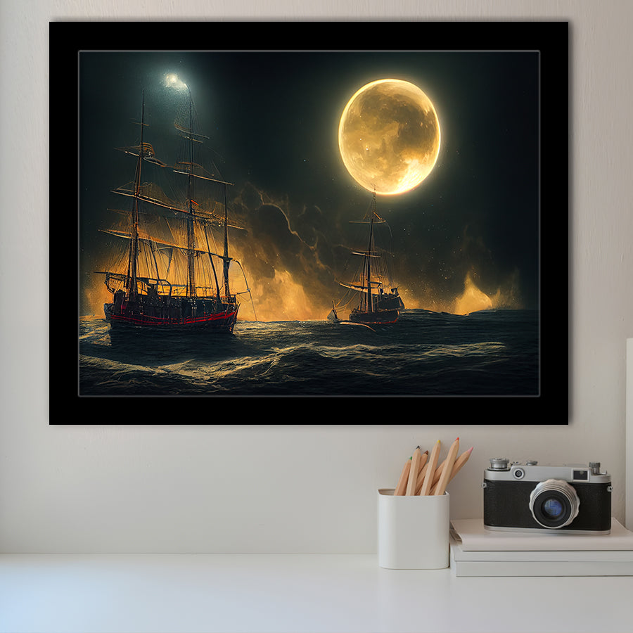 Pirate Ship Sailing On The Sea Night Light Moon V2, Framed Art Prints Wall Art Decor, Framed Picture