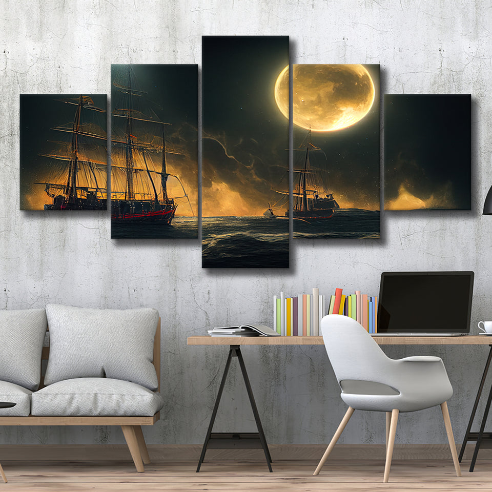 Pirate Ship Sailing On The Sea Night Light Moon V2, 5 Piece Canvas Prints Wall Art Decor, Multi Panels,Mixed Canvas