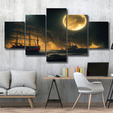 Pirate Ship Sailing On The Sea Night Light Moon V2, 5 Piece Canvas Prints Wall Art Decor, Multi Panels,Mixed Canvas