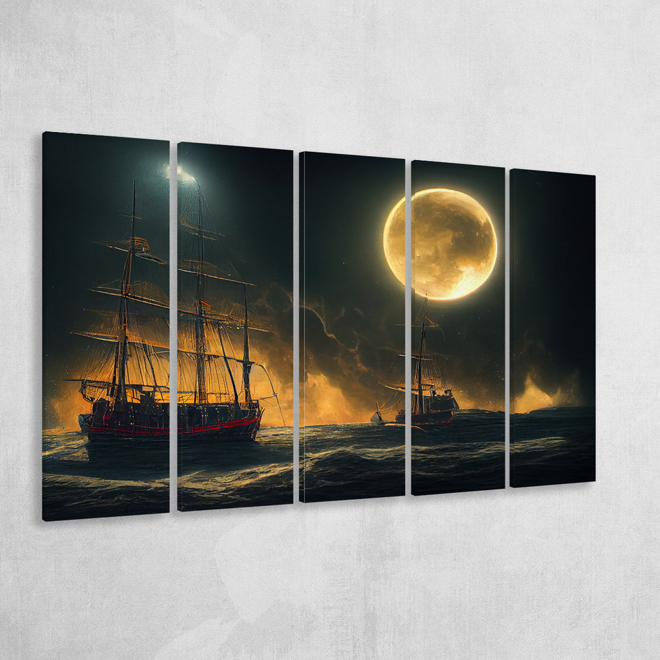 Pirate Ship Sailing On The Sea Night Light Moon V2, 5 Piece Canvas Prints Wall Art Decor, Multi Panels