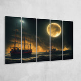 Pirate Ship Sailing On The Sea Night Light Moon V2, 5 Piece Canvas Prints Wall Art Decor, Multi Panels