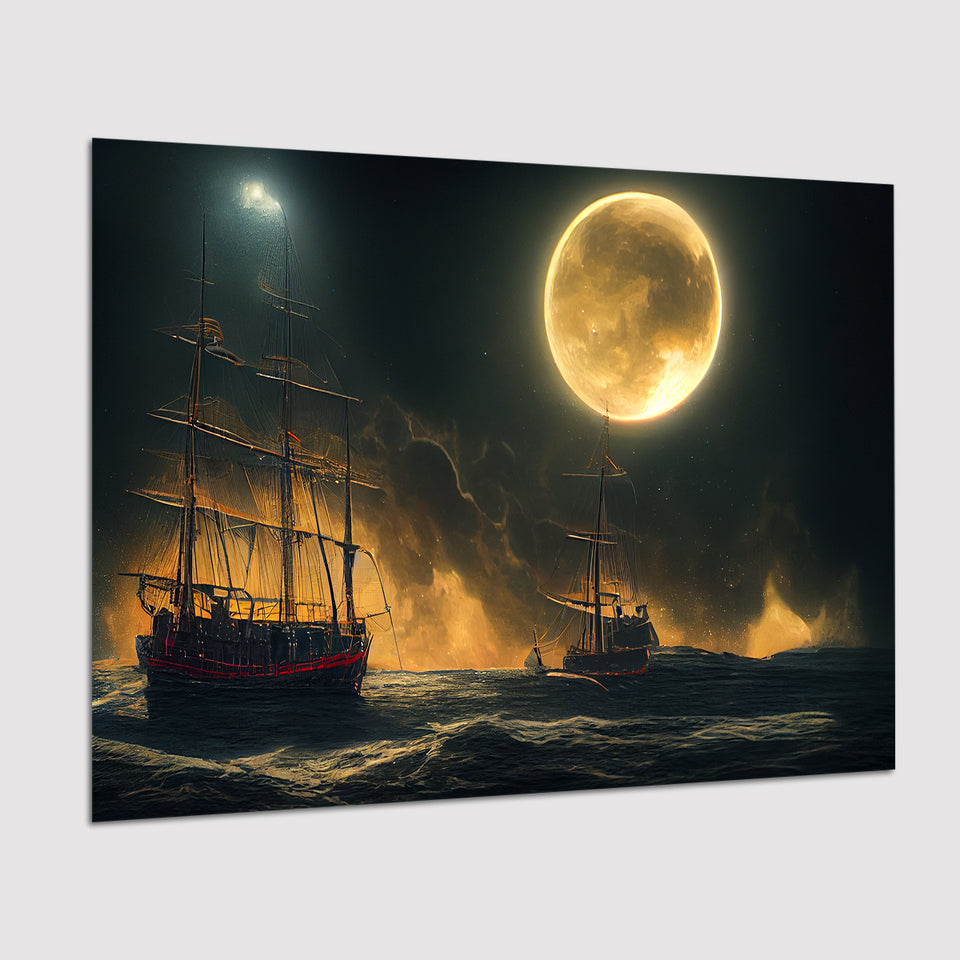 Pirate Ship Sailing On The Sea Night Light Moon V2, Poster Art, Poster Print Wall Art Decor