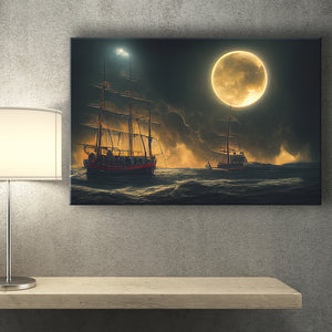 Pirate Ship Sailing On The Sea Night Light Moon V2, Canvas Prints Wall Art Decor - Painting Canvas,Art Prints