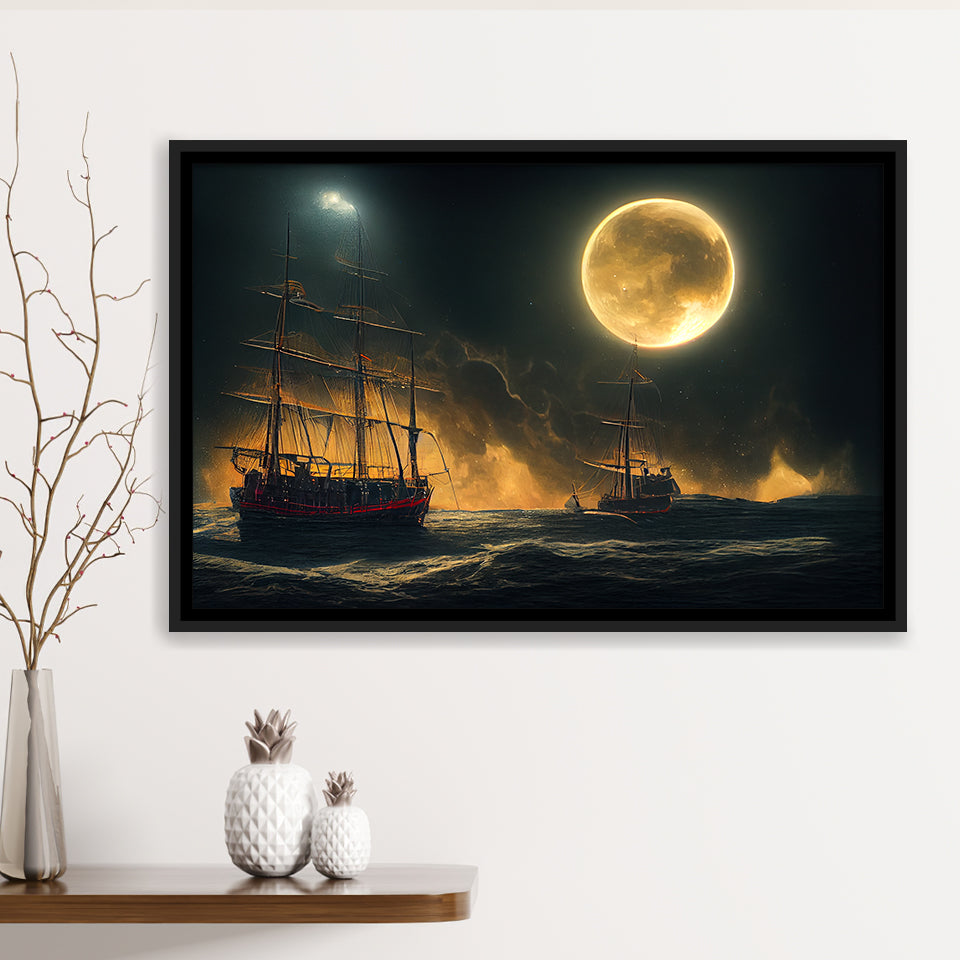 Pirate Ship Sailing On The Sea Night Light Moon V2, Framed Canvas Prints Wall Art Decor, Framed Picture