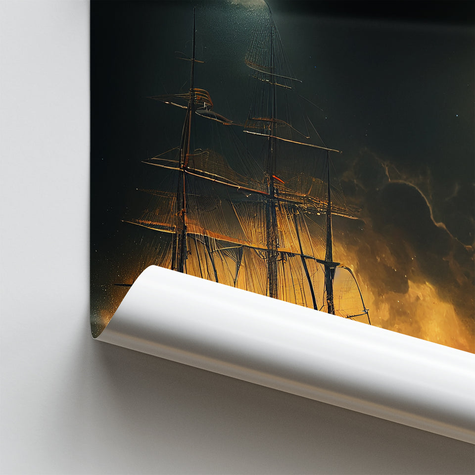Pirate Ship Sailing On The Sea Night Light Moon V2, Poster Art, Poster Print Wall Art Decor